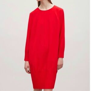 COS long sleeve red dress with pleated hem